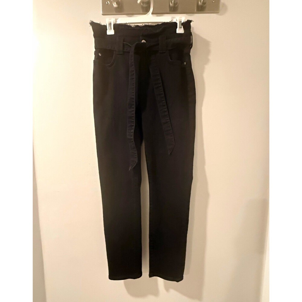 7 For All Mankind Women’s Black High Rise Skinny Jeans Tie Waist Frayed Hem